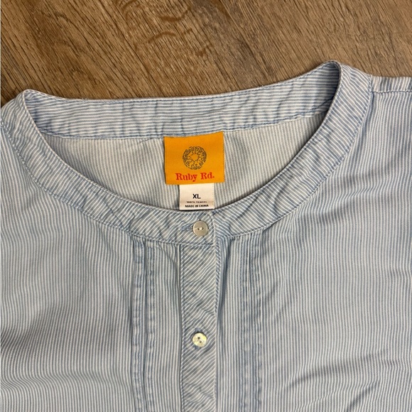 Ruby Rd. • Pinstripe Flutter Sleeve Chambray Blouse - Picture 4 of 11